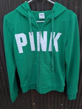 PINK Victoria's Secret Green Zip Hoodie with White Logo
